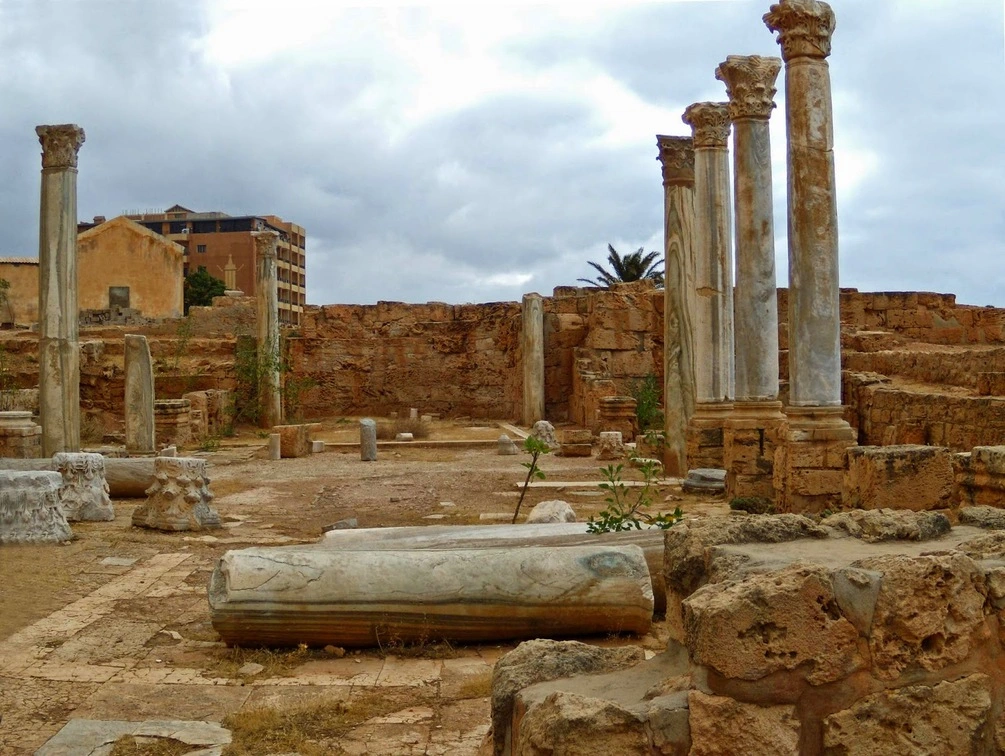 Historical old roman marble columns in Apollonia, Libya.