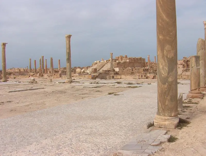 View of the beautiful Roman columns in Sabratha in Libya.